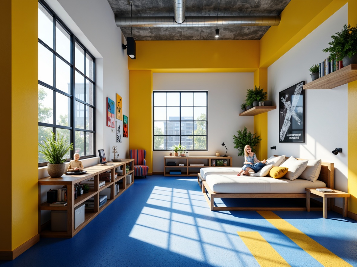 Prompt: Vibrant dormitory, bold geometric patterns, primary color scheme, bright yellow accents, deep blue tones, crisp white walls, industrial metal furniture, minimalist decor, functional shelving units, rectangular windows, graphic textiles, abstract artwork, modernist architectural influences, natural light pouring in, high-contrast shading, dramatic spotlights, 1/1 composition, shallow depth of field, realistic material textures.