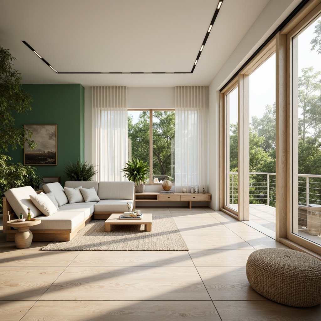 Prompt: Light-filled Scandinavian living room, minimalist decor, pale wood floors, sleek lines, functional furniture, cozy textiles, soft pastel colors, natural materials, plants, green walls, floor-to-ceiling windows, sliding glass doors, serene atmosphere, warm ambient lighting, shallow depth of field, 1/1 composition, panoramic view, realistic textures, ambient occlusion.