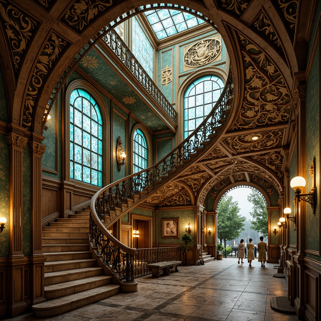 Prompt: Intricate ironwork, flowing organic lines, sinuous curves, ornate floral patterns, stylized botanical motifs, luxurious materials, polished marble, gleaming bronze, stained glass windows, leaded lights, asymmetrical facades, winding staircase, grand entranceways, majestic arches, decorative gables, vibrant turquoise accents, soft golden lighting, warm atmospheric ambiance, 1/2 composition, ornate textures, high-contrast rendering.