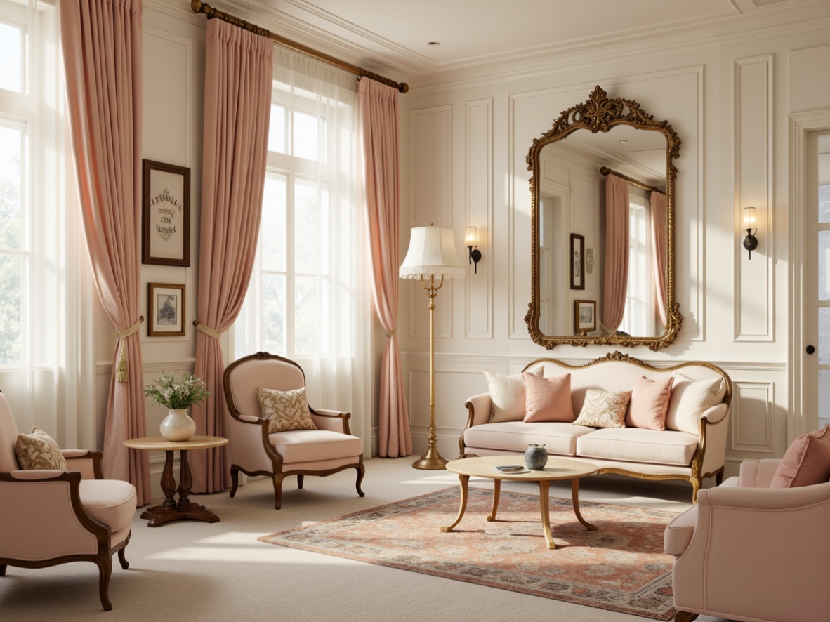 Prompt: Soft cream walls, ivory furniture, gentle peach accents, pastel pink curtains, antique gold hardware, luxurious velvet fabrics, ornate mirrors, subtle geometric patterns, elegant typography, creamy white trim, warm beige carpets, softbox lighting, shallow depth of field, 1/1 composition, intimate atmosphere, vintage charm, whimsical details.