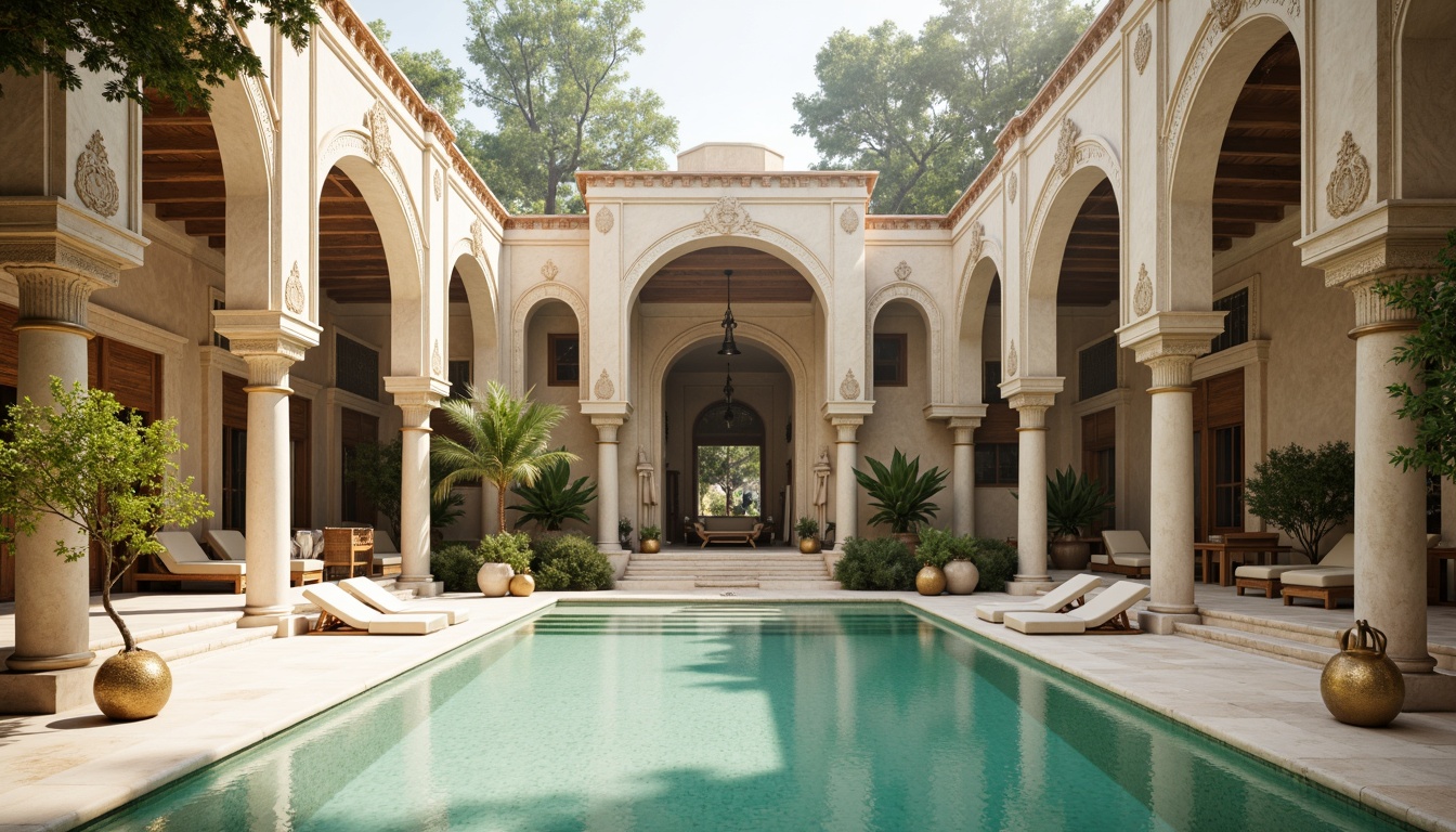 Prompt: Majestic pool surroundings, ornate stone carvings, grandiose arches, elegant columns, refined marble floors, soft mint green water, creamy white accents, warm beige stonework, rich turquoise tiles, luxurious golden fixtures, subtle terracotta hues, serene natural lighting, gentle misty atmosphere, 1/2 composition, symmetrical framing, realistic reflections, ambient shading.Note