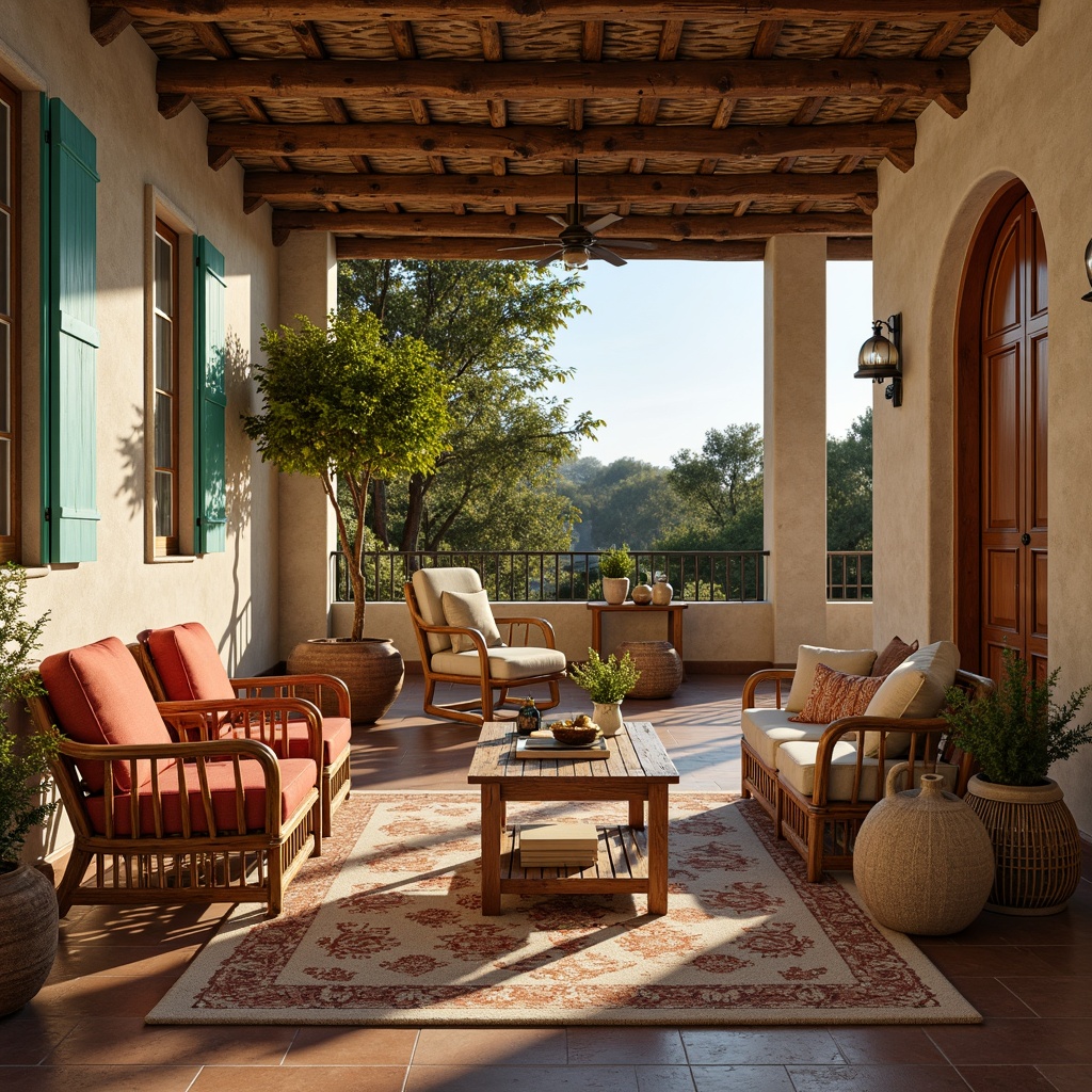 Prompt: Vibrant Mediterranean villa, rustic stone walls, arched windows, ornate wooden doors, turquoise accents, ceramic tiles, woven wicker furniture, plush velvet cushions, intricately patterned rugs, natural linen fabrics, embroidered lace trim, warm golden lighting, shallow depth of field, 1/1 composition, romantic ambiance, soft focus, warm color palette.