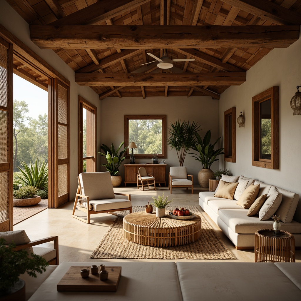 Prompt: Rustic farmhouse interior, natural materials, reclaimed wood accents, bamboo flooring, woven rattan furniture, earthy color palette, organic textures, stone walls, wooden beams, minimal ornamentation, cozy ambiance, warm soft lighting, shallow depth of field, 1/1 composition, panoramic view, realistic rendering, ambient occlusion, Asian-inspired decorative elements, subtle cultural hints, serene atmosphere.