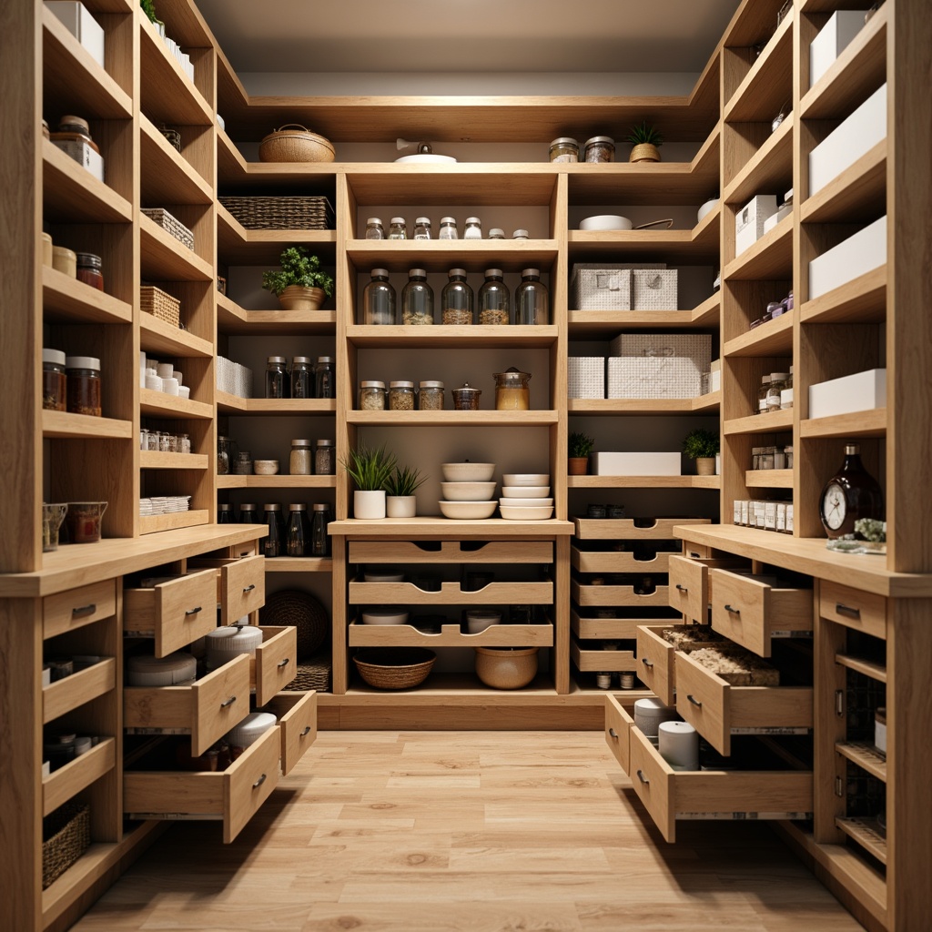 Prompt: Compact pantry, optimized storage, vertical shelving, modular cabinets, slide-out drawers, baskets and bins, adjustable compartments, corner carousels, LED lighting, reflective surfaces, minimalist design, sleek hardware, ergonomic handles, spice racks, canisters, transparent containers, labeling system, narrow aisles, walk-in pantry, natural wood tones, soft warm lighting, shallow depth of field, 1/1 composition, realistic textures.