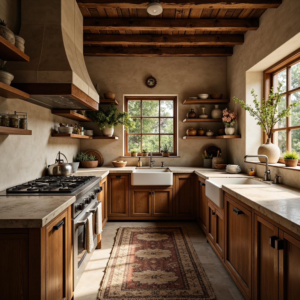 Prompt: Rustic vernacular kitchen, warm earthy tones, natural stone countertops, weathered wood cabinets, distressed finishes, farmhouse sink, vintage appliances, woven textiles, botanical patterns, soft warm lighting, shallow depth of field, 1/1 composition, realistic textures, ambient occlusion.