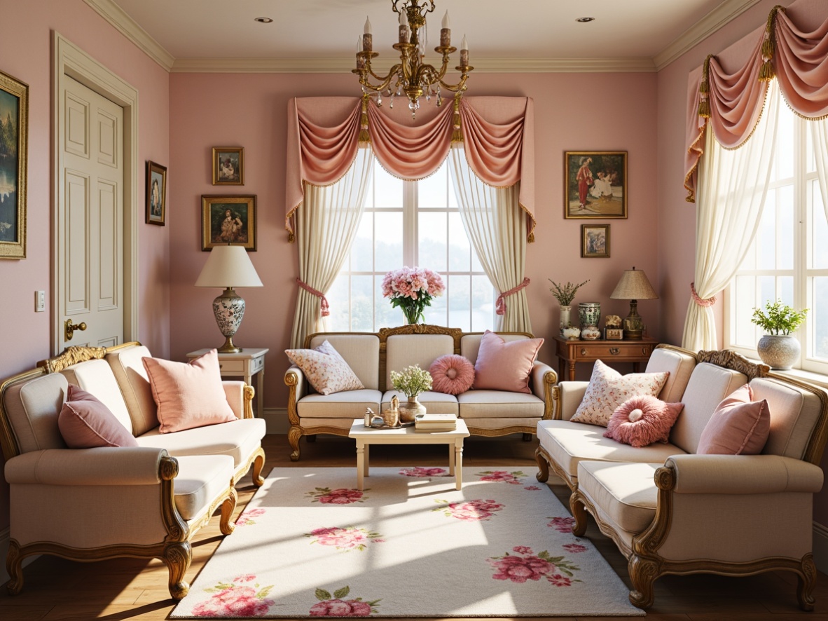 Prompt: Whimsical kids' room, soft pastel colors, ornate Rococo furniture, intricate carvings, delicate porcelain vases, playful textile patterns, vibrant floral fabrics, ruffled curtains, tassel-trimmed upholstery, luxurious velvet pillows, golden accents, elegant chandeliers, warm creamy lighting, shallow depth of field, 1/2 composition, soft focus, romantic ambiance, cozy reading nooks, plush area rugs, decorative wall art, fanciful wallpaper borders.