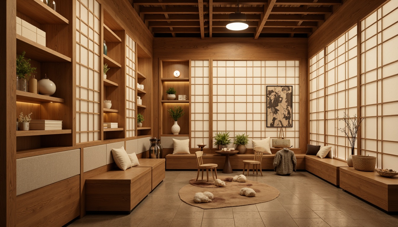 Prompt: Warm Asian-inspired pantry, traditional Japanese shoji screens, natural wood accents, subtle rice paper textures, warm beige tones, soft diffused lighting, pendant lanterns, paper-thin LED lights, minimalist metal fixtures, hidden LED strips, ambient warm glow, soft shadows, 1/1 composition, shallow depth of field, realistic wooden grains, gentle warm color palette.