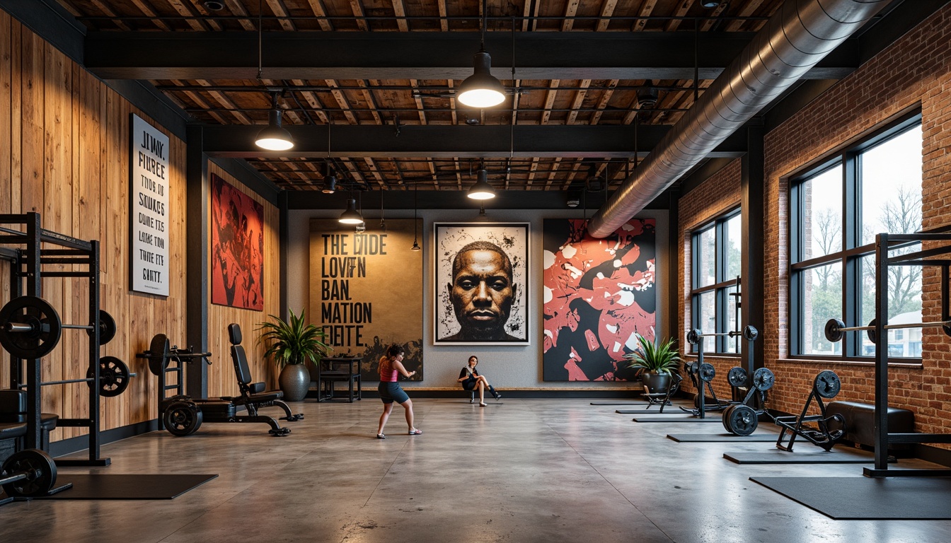 Prompt: Rustic gym interior, distressed wood accents, industrial metal beams, exposed brick walls, concrete flooring, modern sports equipment, motivational quotes, dynamic color schemes, textured paint finishes, metallic epoxy coatings, glossy varnished wood panels, bold graphic patterns, urban loft atmosphere, high ceilings, dramatic overhead lighting, 1/1 composition, realistic reflections, ambient occlusion.