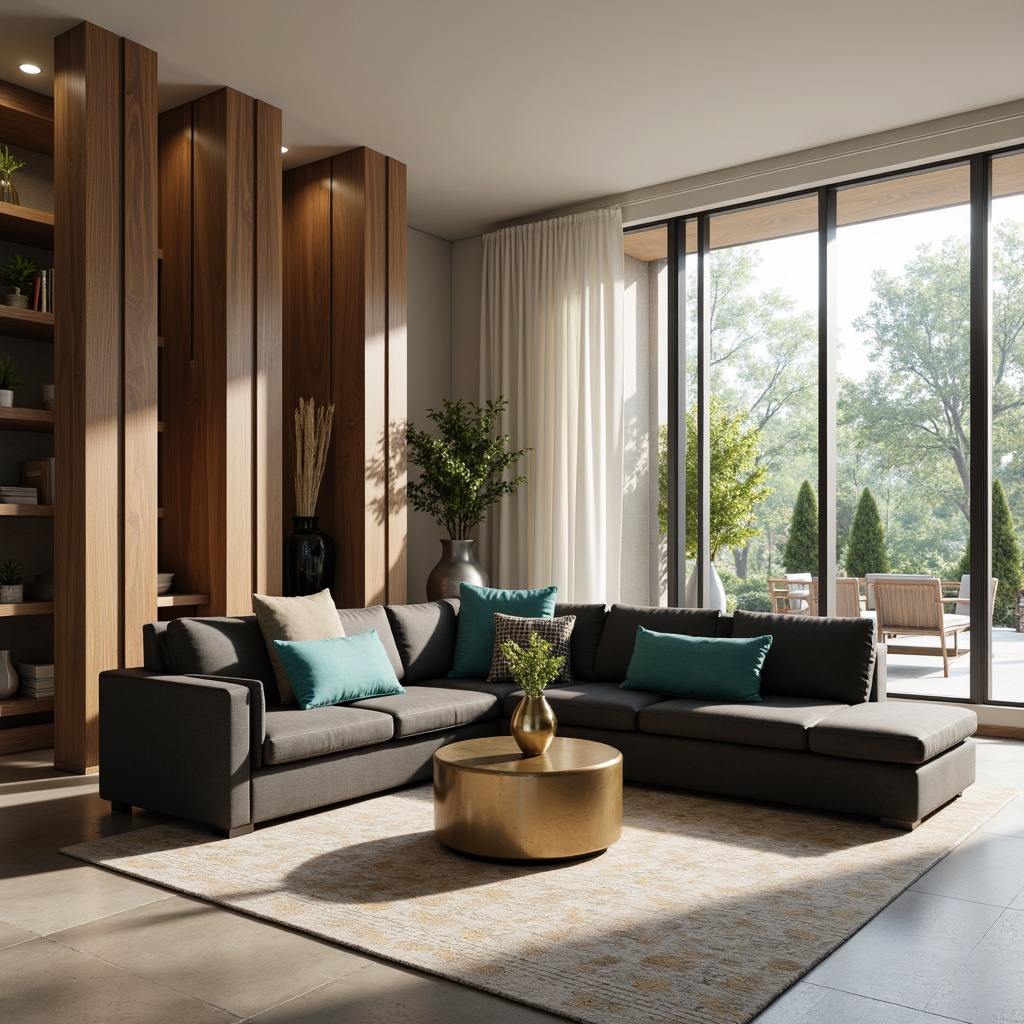 Prompt: Modern living room, sleek low-profile furniture, neutral beige walls, rich walnut wood accents, plush charcoal grey sectional sofa, vibrant turquoise throw pillows, geometric patterned rug, metallic gold coffee table, floor-to-ceiling windows, natural daylight, soft warm ambiance, 1/1 composition, shallow depth of field, realistic textures, ambient occlusion.