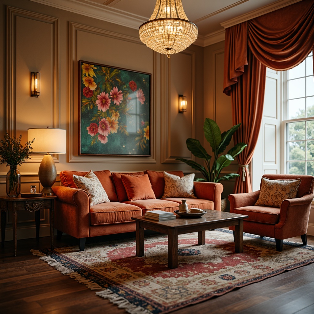 Prompt: Cozy living room, plush velvet sofa, soft cushioned armchairs, warm beige walls, rich wood flooring, elegant crystal chandelier, luxurious silk drapes, vibrant colorful throw pillows, intricate patterned rugs, natural fiber textiles, woven basket coffee table, ambient warm lighting, shallow depth of field, 1/1 composition, realistic textures, atmospheric rendering.