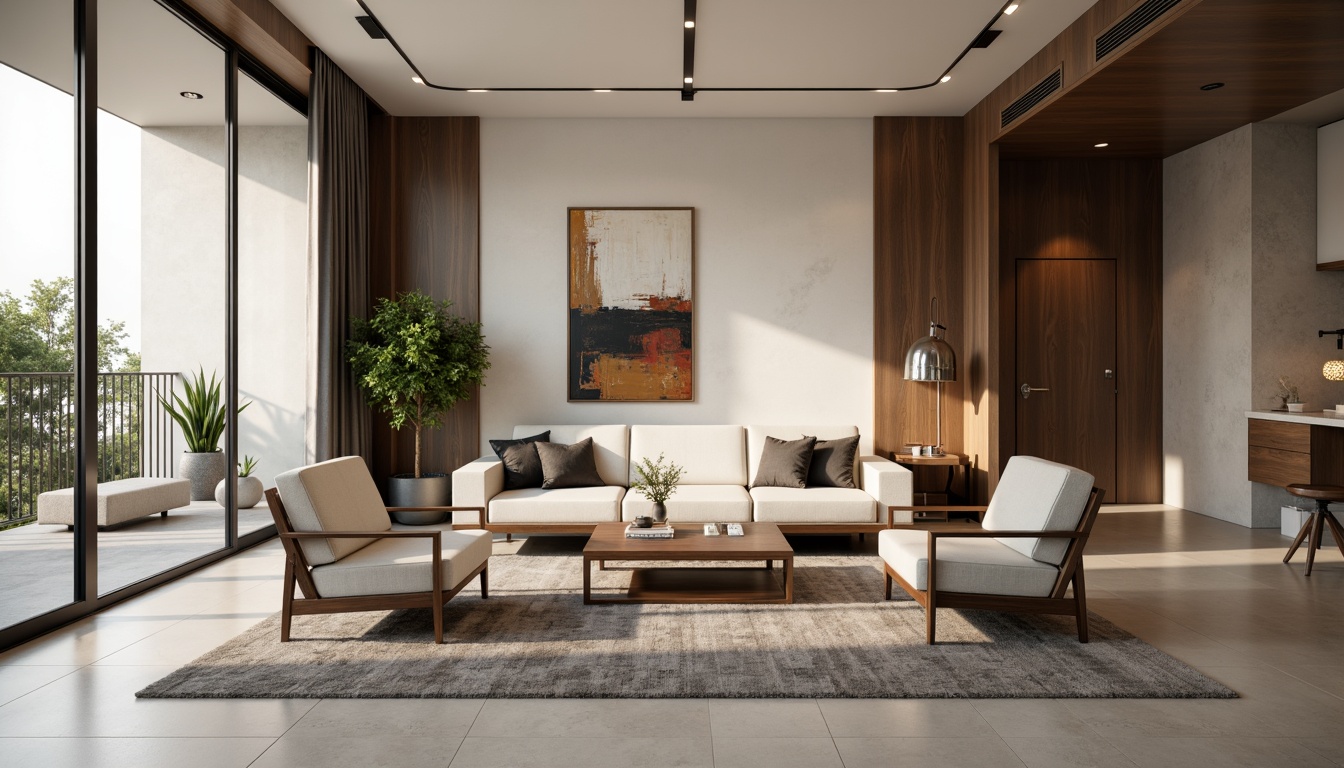 Prompt: Modern living room, sleek furniture, minimalist decor, neutral color palette, beige walls, dark wood accents, metallic lighting fixtures, plush throw pillows, abstract artwork, floor-to-ceiling windows, natural daylight, soft warm ambiance, shallow depth of field, 3/4 composition, realistic textures, ambient occlusion.