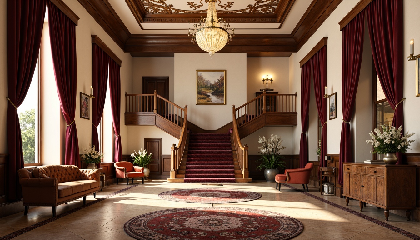 Prompt: Opulent entryway, rich wood tones, intricately patterned rugs, ornate chandeliers, grand staircases, luxurious velvet drapes, warm golden lighting, soft cream walls, deep crimson accents, distressed leather furnishings, antique wooden furniture, vintage metallic fixtures, lavish floral arrangements, warm beige marble floors, intricate moldings, subtle sheen finishes, soft focus camera angle, 1/2 composition, realistic textures, ambient occlusion.