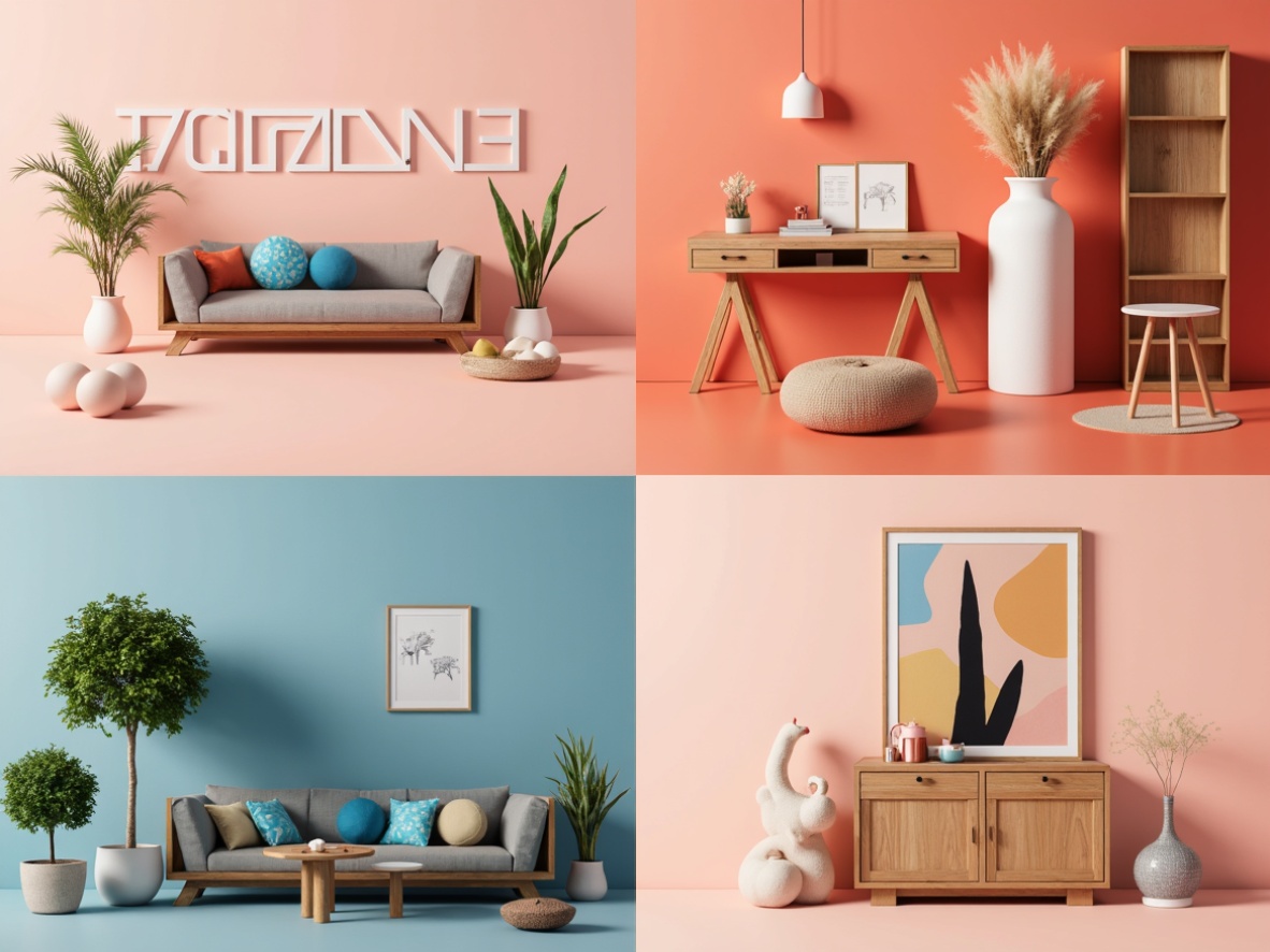 Prompt: Vibrant design studio, bold typography, pastel color scheme, soft peach tones, rich charcoal accents, creamy whites, deep blues, energetic coral hues, natural wood textures, modern minimalist aesthetic, warm atmospheric lighting, shallow depth of field, 1/1 composition, realistic renderings, ambient occlusion.