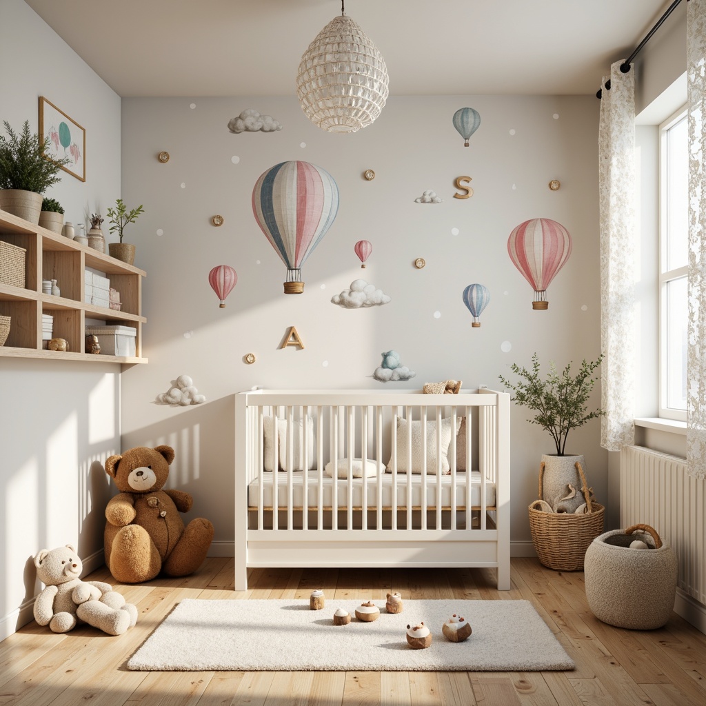 Prompt: Whimsical baby nursery, soft pastel colors, gentle polka dots, playful hot air balloons, tender teddy bears, colorful alphabet letters, sweet baby blocks, cuddly stuffed animals, creamy white furniture, delicate lace curtains, warm beige carpets, cozy reading nook, natural wood accents, hand-painted murals, 1/2 composition, softbox lighting, shallow depth of field, dreamy atmosphere.