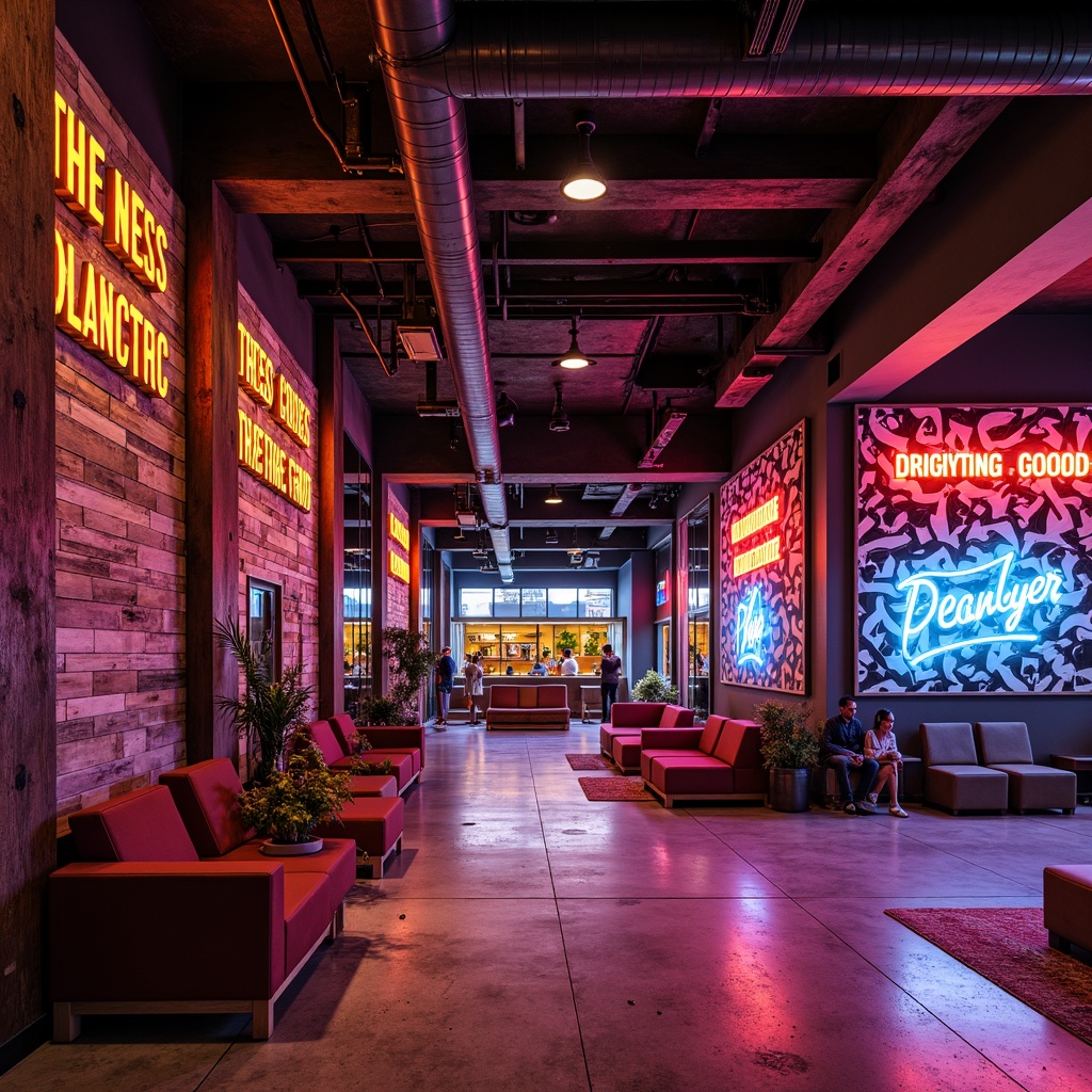 Prompt: Vibrant fitness club interior, bold color blocking, eclectic textures, distressed wood accents, industrial metal beams, concrete floors, neon signs, abstract geometric patterns, mirrored walls, minimalist lighting fixtures, brutalist architecture, dramatic shadows, high-contrast photography, 1/1 composition, atmospheric glow, realistic reflections, ambient occlusion.