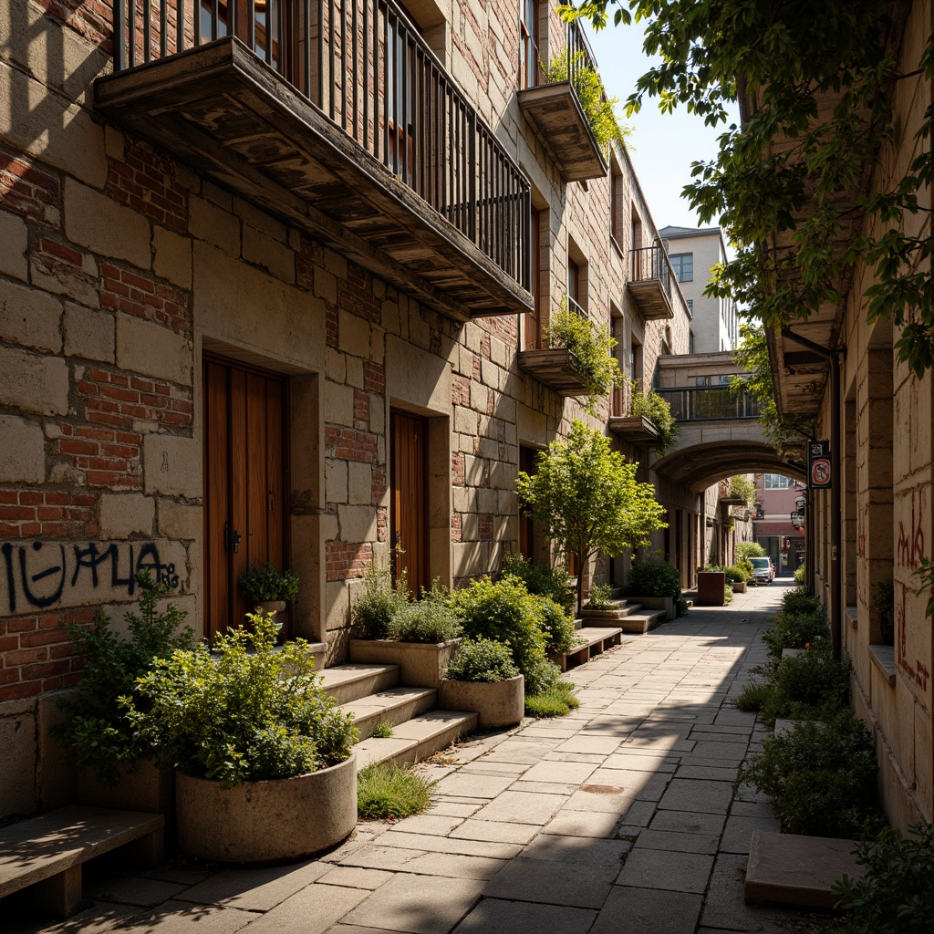 Prompt: Weathered brick walls, distressed wooden planks, rustic stone facades, worn concrete surfaces, faded graffiti, peeling paint, ivy-covered ruins, moss-filled crevices, crumbling archways, ornate metal railings, vintage signage, warm golden lighting, high contrast shadows, 3/4 composition, narrow aperture, atmospheric perspective.