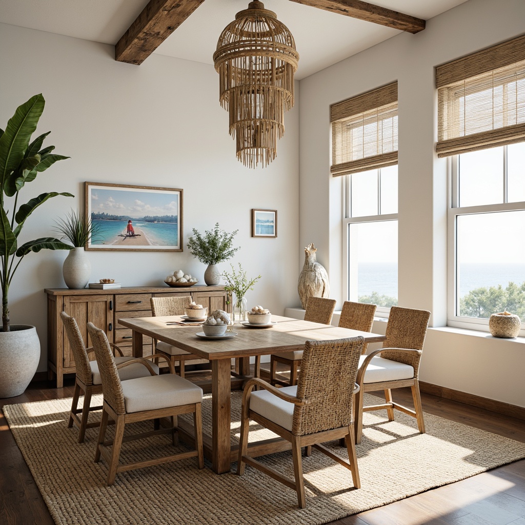 Prompt: Coastal dining room, driftwood furniture, woven sea grass chairs, natural fiber rugs, reclaimed wood tables, whitewashed walls, ocean-inspired artwork, shell decorative accents, linen upholstery, distressed finishes, beachy vibe, warm sunny day, soft diffused lighting, 1/2 composition, shallow depth of field, realistic textures, ambient occlusion.