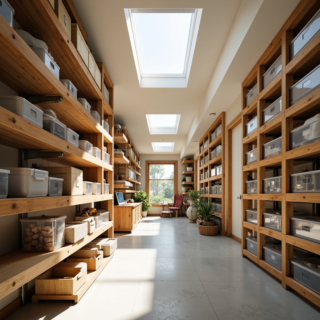 Prompt: Cozy storage room, wooden shelves, metal racks, organized storage bins, transparent plastic containers, soft warm lighting, clerestory windows, skylights, frosted glass doors, bright white walls, light-colored flooring, minimalist decor, airy atmosphere, shallow depth of field, 1/1 composition, realistic textures, ambient occlusion.