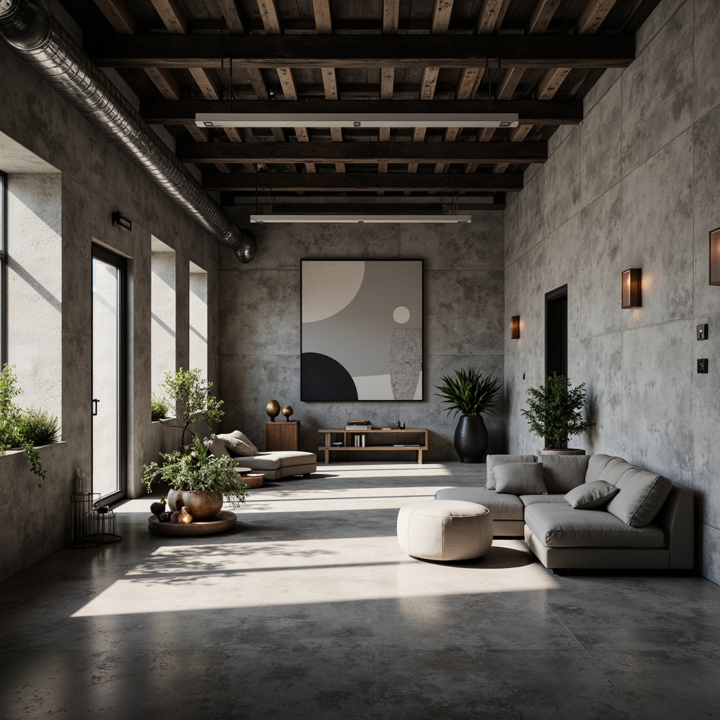 Prompt: Industrial-chic interior, polished concrete floors, rough-textured walls, modern minimalist decor, sleek metal accents, monochromatic color scheme, dramatic high ceilings, abstract artwork, geometric-shaped furniture, ambient soft lighting, 1/1 composition, shallow depth of field, realistic textures, subtle reflections.