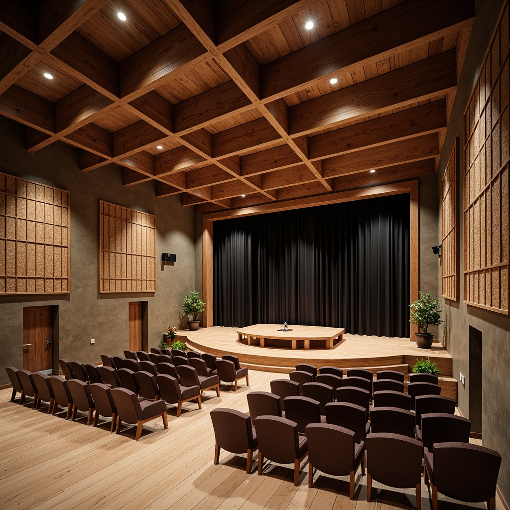 Prompt: Rustic performing arts center, wooden beam ceiling, earthy tone walls, reclaimed wood flooring, vintage stage lights, acoustic panels, woven fabric upholstery, natural stone accents, metal grid diffusers, warm ambient lighting, intimate seating arrangement, 1/1 composition, shallow depth of field, realistic textures, subtle color palette.