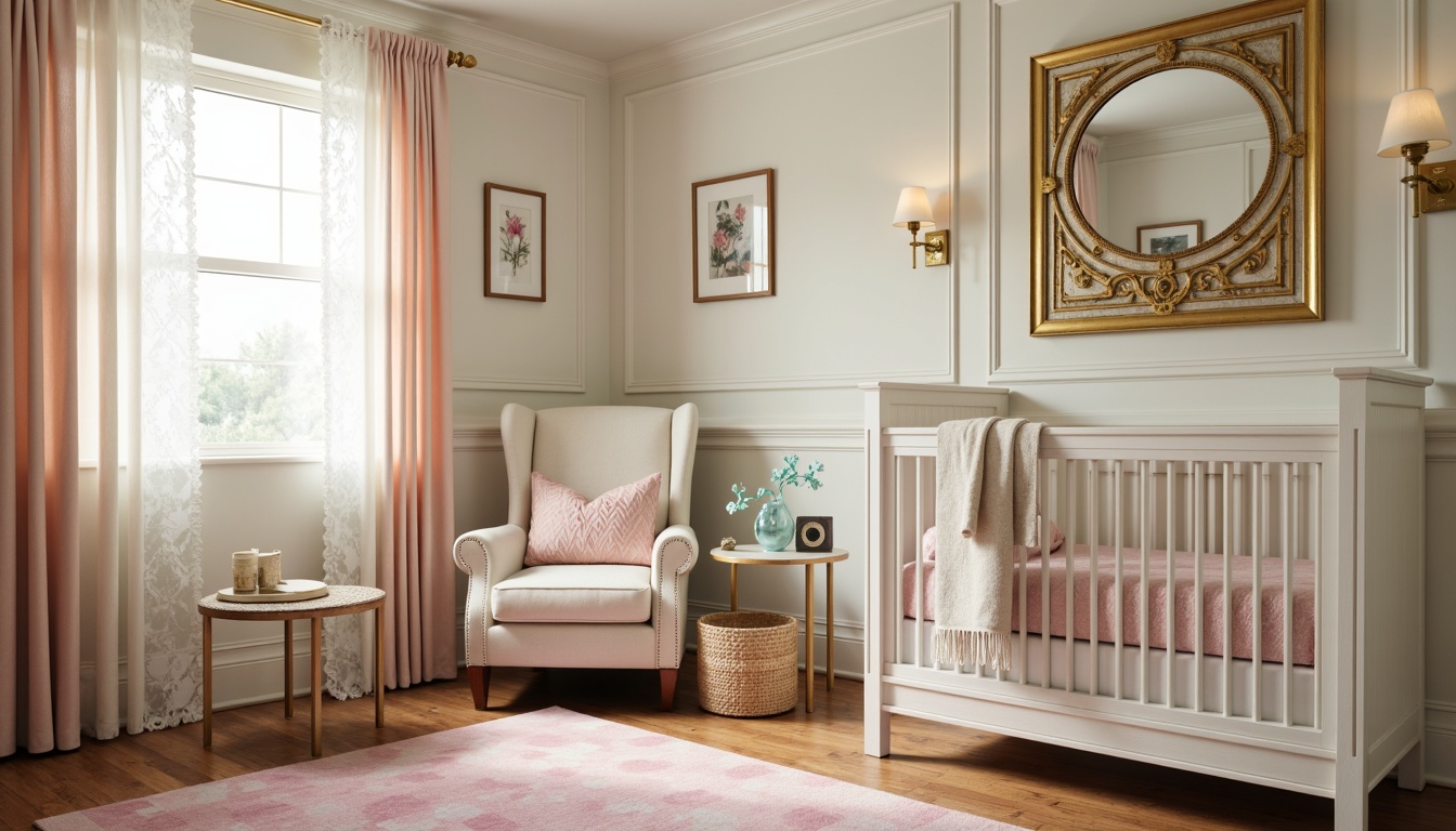 Prompt: Vibrant nursery, soft cream walls, warm beige furniture, pastel pink accents, rich turquoise decorative elements, metallic gold hardware, creamy white crib, delicate lace curtains, ornate mirrors, geometric patterns, luxurious velvet fabrics, elegant chrome fixtures, sophisticated neutral tones, gentle morning light, shallow depth of field, 1/2 composition, subtle warm glow.