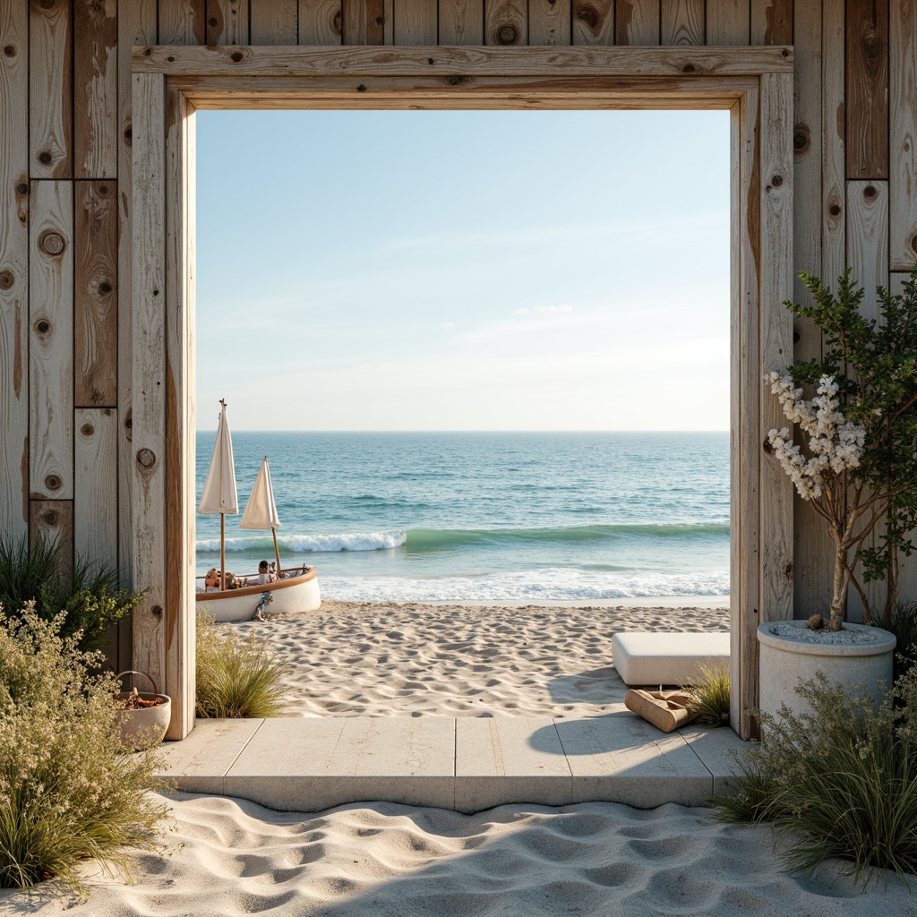 Prompt: Soft sandy beaches, calming ocean views, gentle sea breeze, weathered driftwood accents, nautical ropes, sailboat-inspired decor, distressed wooden planks, serene blue-green hues, misty dawn lighting, warm sunny afternoons, shallow depth of field, 1/1 composition, symmetrical framing, natural textures, subtle grain effects.