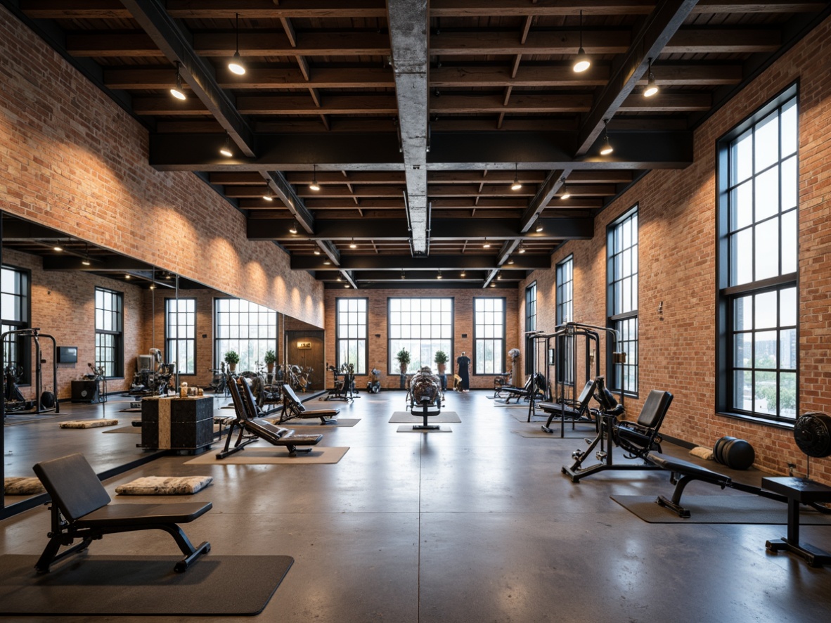 Prompt: Modern fitness center, industrial chic decor, exposed brick walls, metal beams, reclaimed wood accents, textured concrete floors, rubberized athletic surfaces, mirrored walls, suspended lighting fixtures, minimalist color palette, motivational quotes, sleek exercise equipment, free weights, cardio machines, yoga mats, natural stone features, urban loft atmosphere, high ceilings, large windows, abundant natural light, soft warm glow, shallow depth of field, 3/4 composition, realistic textures, ambient occlusion.