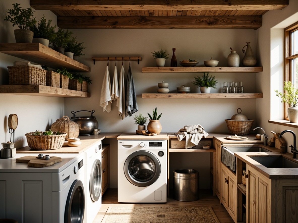 Prompt: Rustic laundry room, vintage washing machines, distressed wood cabinetry, metal accents, woven baskets, natural stone countertops, earthy color palette, soft warm lighting, shallow depth of field, 3/4 composition, cozy textures, ambient occlusion, farmhouse-inspired decor, antique fixtures, galvanized steel sinks, wooden drying racks, linen textiles, fresh flowers, sunny day.