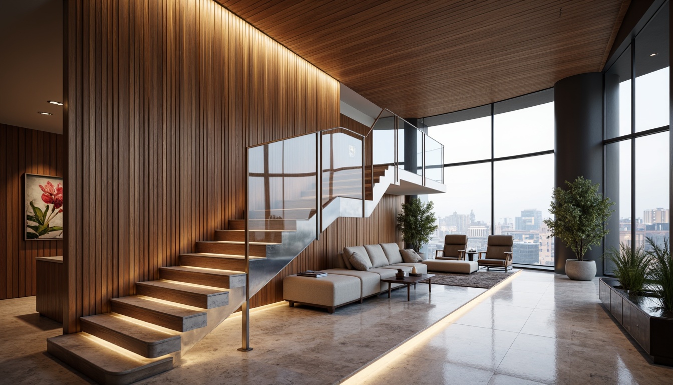 Prompt: Luxurious staircase, sleek metal railings, rich wood tones, modern minimalist design, open-plan living space, high ceilings, dramatic floor-to-ceiling windows, soft warm lighting, shallow depth of field, 3/4 composition, realistic textures, ambient occlusion, floating stair treads, hidden LED lights, elegant curve lines, sophisticated color palette, marble flooring, glass balustrades, stainless steel accents, luxurious carpeting, plush furnishings, modern artwork, panoramic city views.