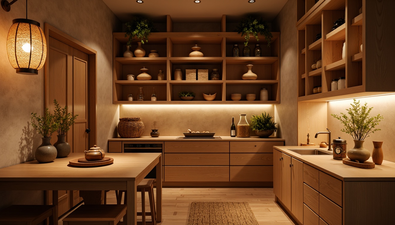 Prompt: Warm Asian-style pantry, natural wood cabinets, soft warm lighting, paper lanterns, woven bamboo baskets, ceramic jars, subtle fragrance, minimalist decor, earthy tones, soft beige walls, polished wooden countertops, ambient shadows, 1/1 composition, warm color temperature, cozy atmosphere, gentle spotlighting, subtle texture details.