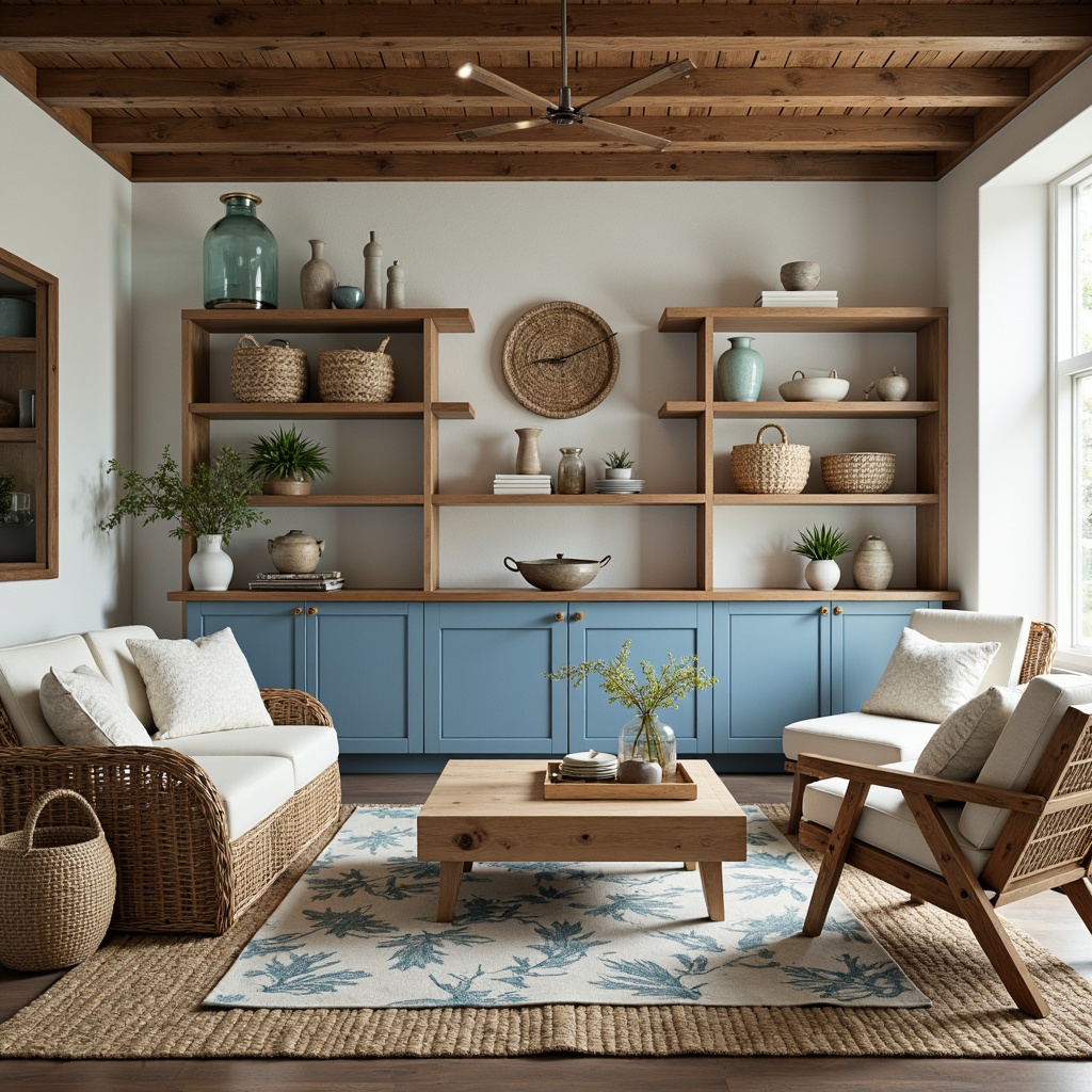 Prompt: Driftwood furniture, ocean-blue cabinets, coral-patterned rug, sea-glass vases, nautical-themed decor, woven sea-grass baskets, rustic wooden shelves, beachy linen upholstery, natural jute flooring, soft warm lighting, shallow depth of field, 3/4 composition, panoramic view, realistic textures, ambient occlusion.