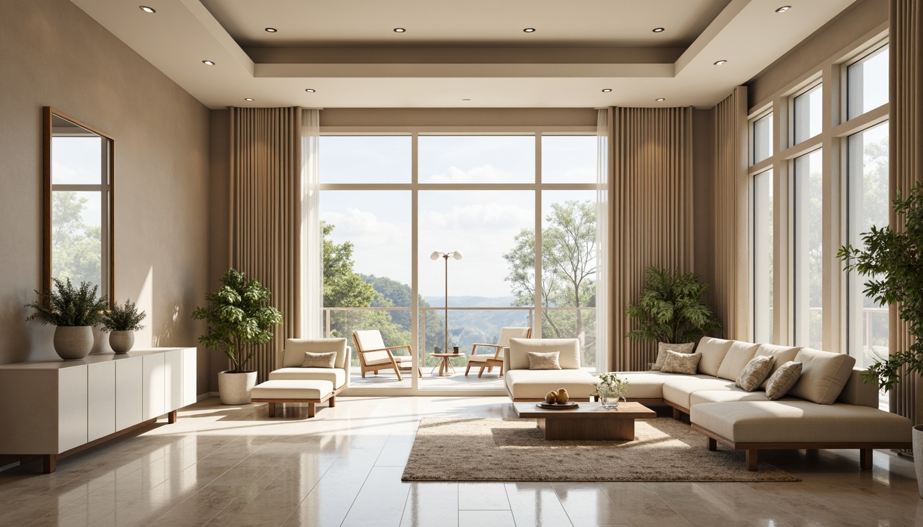 Prompt: Elegant transitional interior, sleek glass accents, polished chrome fixtures, creamy white marble countertops, warm beige walls, plush area rugs, modern minimalist furniture, floor-to-ceiling windows, sliding glass doors, abundant natural light, soft diffused illumination, subtle shadows, 1/1 composition, symmetrical balance, realistic reflections, ambient occlusion.