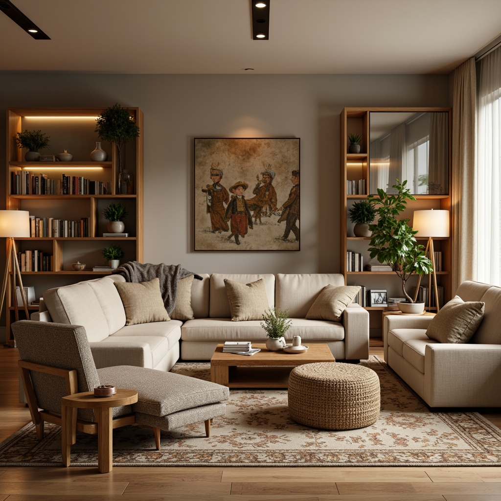 Prompt: Cozy living room, plush sofas, ergonomic chairs, wooden coffee tables, soft cushions, warm lighting, natural textiles, vintage rugs, minimalist decor, functional storage units, wall-mounted shelves, modern bookcases, comfortable reading nooks, floor lamps, warm beige colors, inviting atmosphere, 1/1 composition, softbox lighting, realistic materials.