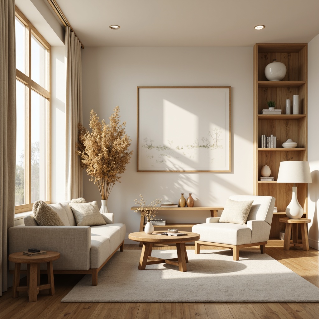 Prompt: Cozy living room, soft warm lighting, natural wood accents, minimal ornamentation, creamy whites, pale woods, subtle textures, ambient glow, table lamps, floor lamps, pendant lights, sheer curtains, large windows, Nordic-inspired furniture, organic shapes, simplicity, functionality, warm beige tones, gentle shadows, 1/1 composition, realistic rendering.