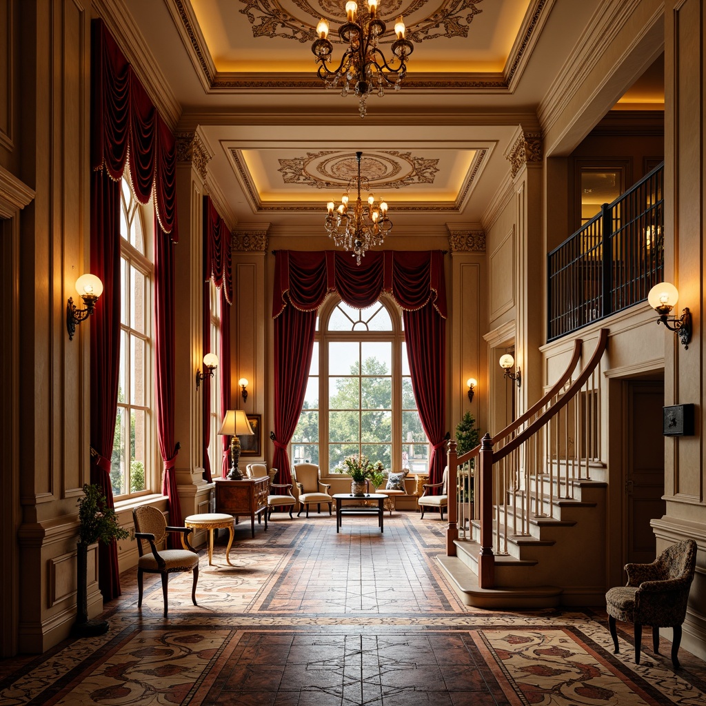 Prompt: Richly ornate entryway, intricately patterned flooring, warm golden lighting, opulent velvet drapes, lavish furnishings, intricate moldings, high ceilings, grand chandeliers, elegant staircases, luxurious textiles, rich wood tones, soft cream walls, deep crimson accents, majestic archways, ornate mirrors, exquisite detailing, highly polished surfaces, dramatic shadowing, 1/2 composition, atmospheric lighting, realistic reflections.