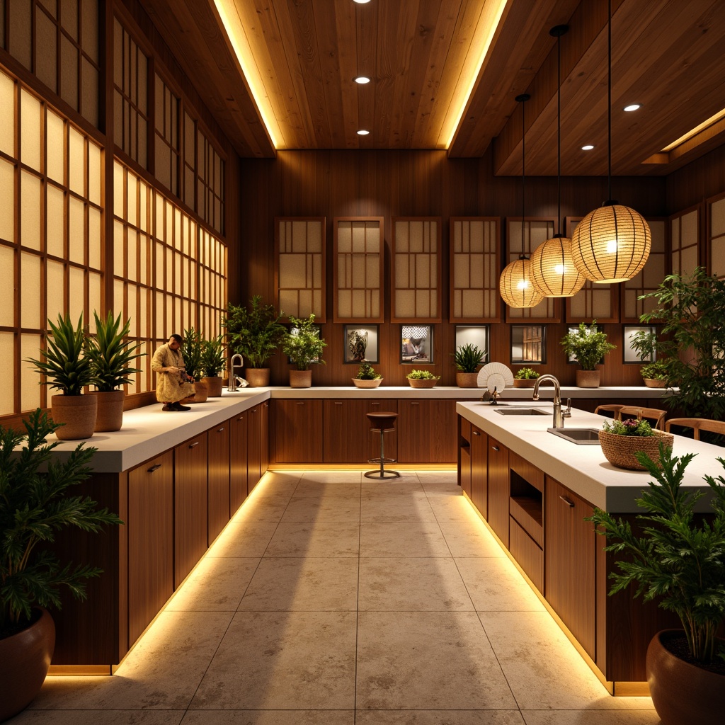 Prompt: Warm ambient lighting, soft golden tones, natural wood accents, traditional Japanese shoji screens, paper lanterns, subtle LED strips, warm white countertops, rich walnut cabinetry, Asian-inspired ceramic tiles, decorative fans, woven bamboo baskets, earthy terracotta planters, lush greenery, gentle shadows, 1/2 composition, soft focus, realistic textures.