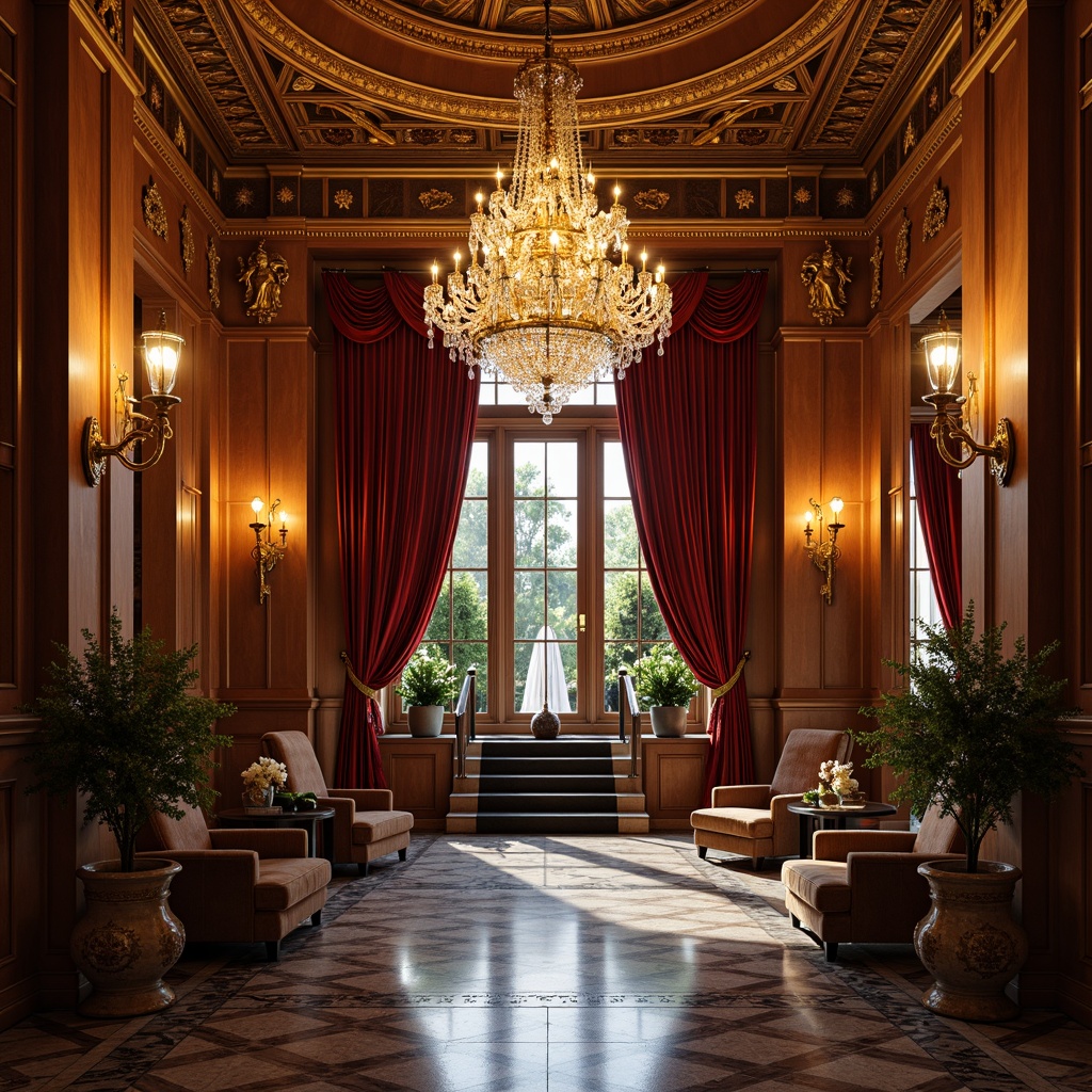 Prompt: Grand entrance hall, ornate chandeliers, crystal droplets, golden accents, intricate moldings, rich wood paneling, plush velvet drapes, majestic staircase, regal archways, lavish furnishings, sparkling sconces, elegant cove ceilings, warm soft lighting, dramatic shadowing, 1/2 composition, symmetrical framing, realistic reflections, ambient glow.