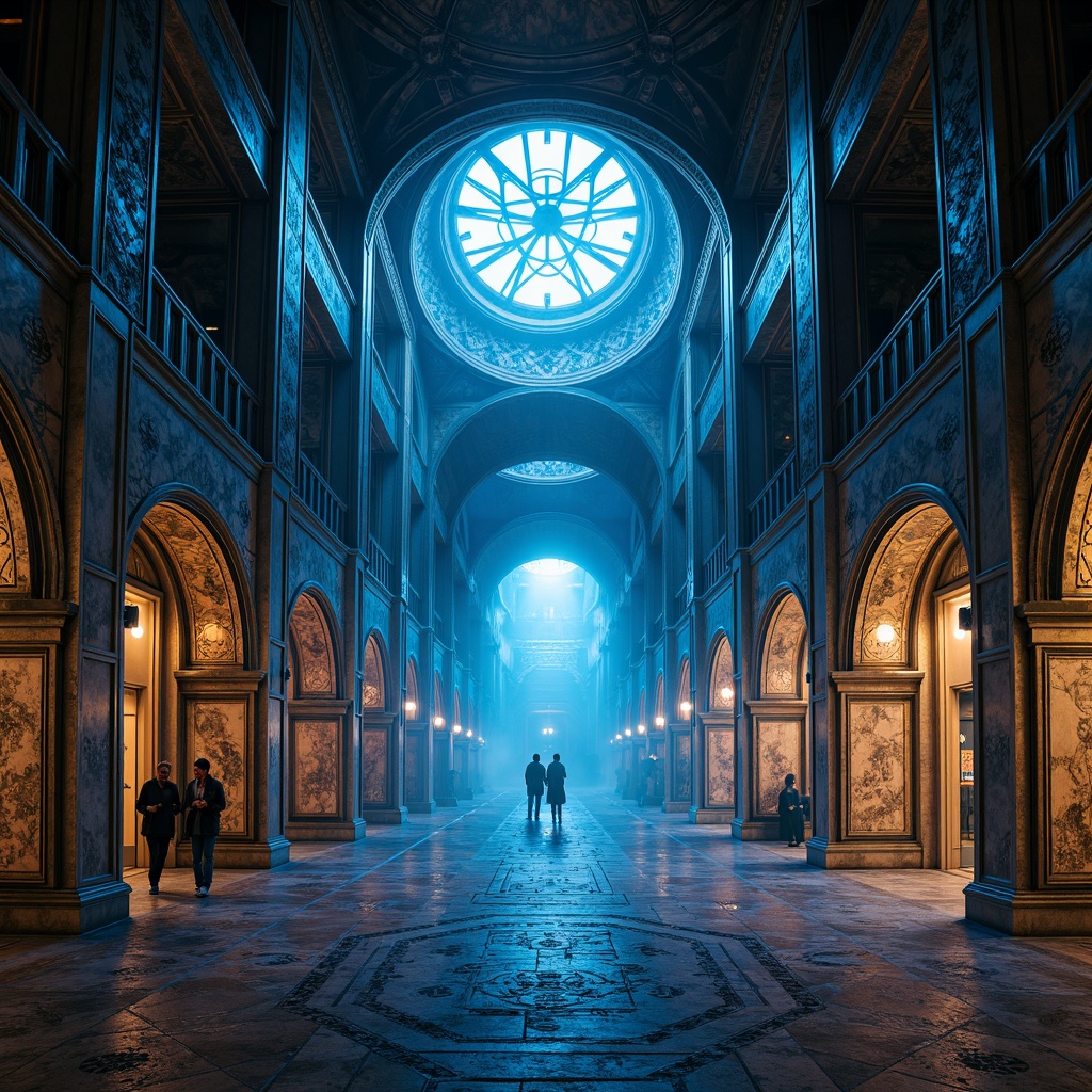 Prompt: Ancient monastery, futuristic twists, intricate tile patterns, geometric shapes, metallic accents, holographic effects, neon-lit corridors, cyberpunk nuances, ornate archways, mystical symbols, sacred geometry, atmospheric mist, soft blue lighting, shallow depth of field, 1/2 composition, symmetrical framing, high-contrast textures, ambient occlusion.