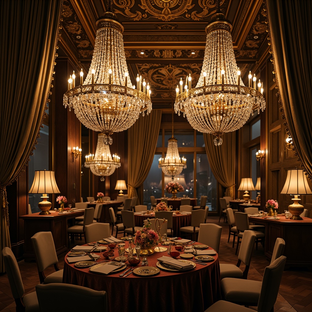 Prompt: Ornate chandeliers, crystal droplets, gilded metalwork, soft warm glow, candelabra, lavish decorations, intricate carvings, curved silhouettes, luxurious fabrics, velvet drapes, golden accents, antique finishes, distressed textures, grandiose scale, opulent ambiance, dramatic uplighting, subtle sidelighting, richly ornate details.