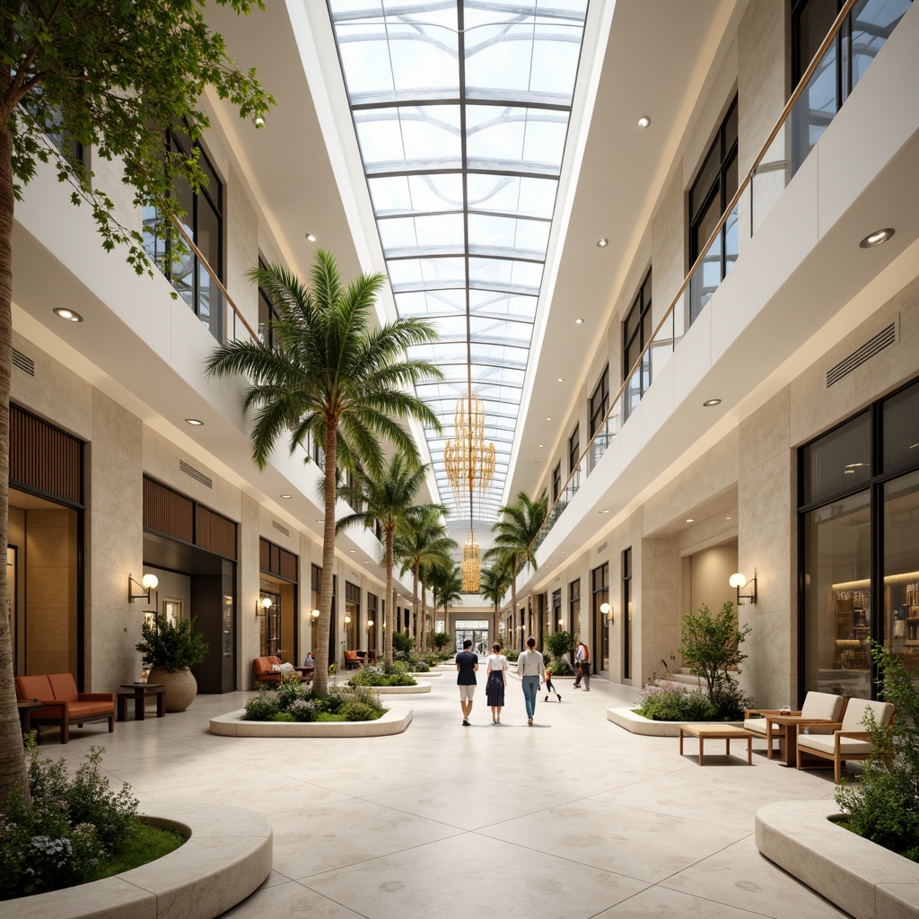 Prompt: Vibrant shopping mall, spacious atrium, natural light pouring in, clerestory windows, skylights, white reflective surfaces, polished marble floors, minimalist decor, elegant chandeliers, lush greenery, tropical plants, warm beige tones, soft diffused lighting, 1/1 composition, realistic textures, ambient occlusion.