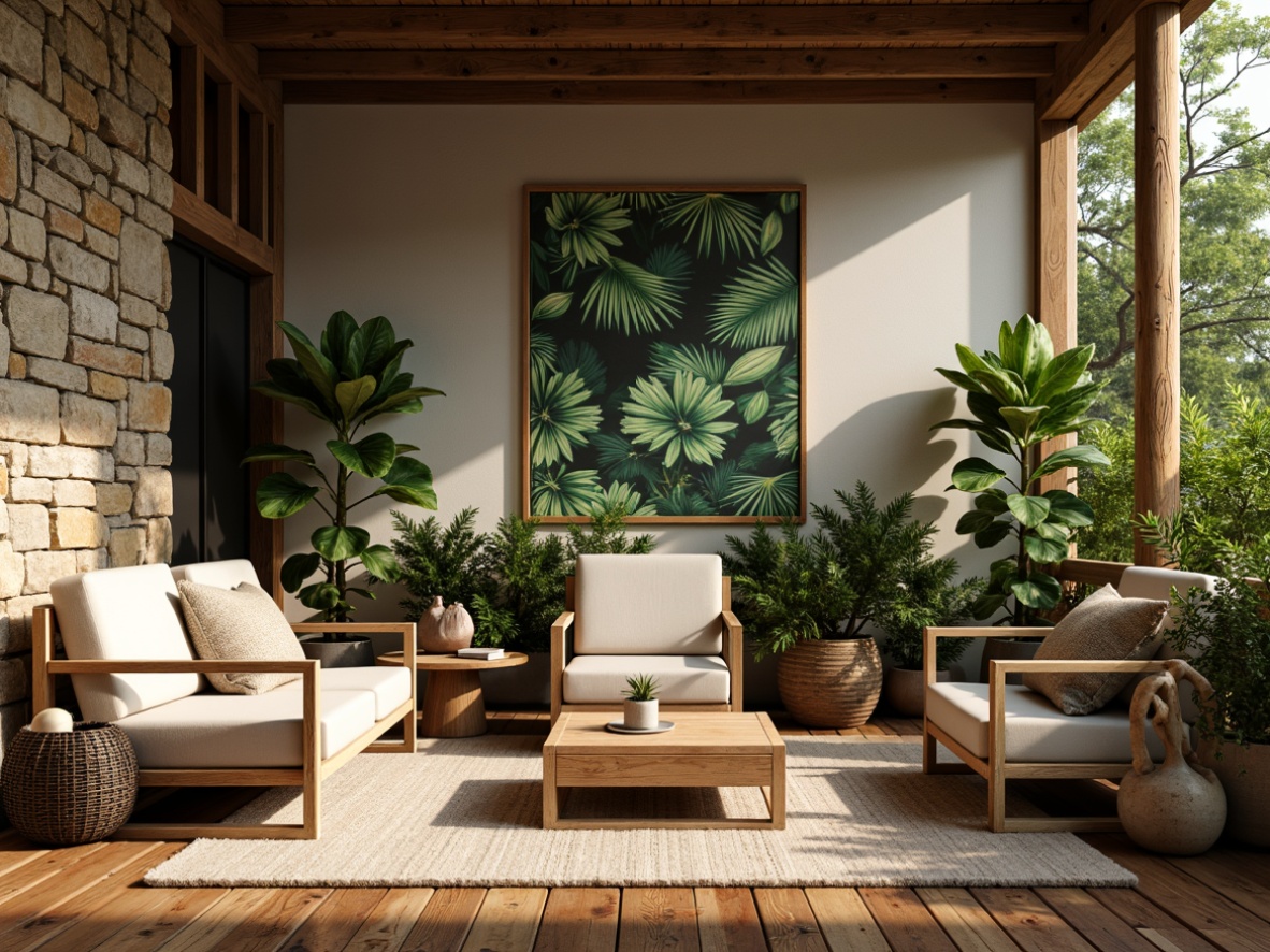 Prompt: Earth-toned interior, natural stone walls, reclaimed wood floors, living green walls, botanical prints, organic shapes, woven textiles, rattan furniture, potted plants, wooden accents, warm ambient lighting, soft shadows, 1/2 composition, cozy atmosphere, inviting colors, nature-inspired patterns, elegant simplicity.