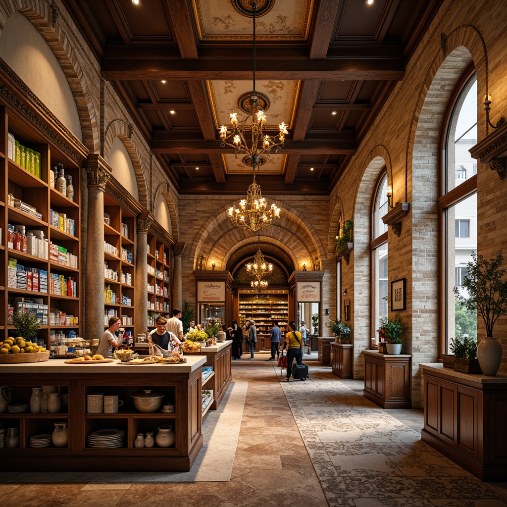 Prompt: Renaissance-style grocery store interior, ornate wooden shelves, distressed stone walls, elegant archways, rustic brick columns, refined marble countertops, vintage-inspired signage, warm pendant lighting, soft golden illumination, 1/1 composition, shallow depth of field, realistic textures, ambient occlusion, lavish fresco ceilings, intricate moldings, decorative pilasters, rich wood tones, luxurious fabrics, subtle patterned rugs, majestic chandeliers.