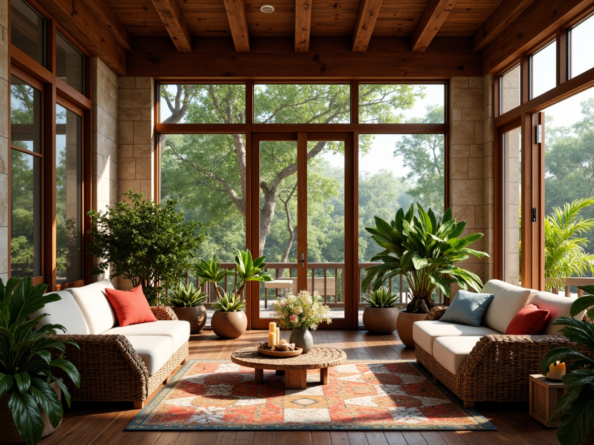 Prompt: Cozy sunroom, natural stone walls, large windows, sliding glass doors, warm wooden flooring, plush furniture, vibrant throw pillows, lush greenery, exotic plants, wicker rattan accents, soft warm lighting, shallow depth of field, 1/1 composition, panoramic view, realistic textures, ambient occlusion, tropical-inspired decor, colorful Moroccan tiles, geometric patterned rugs, elegant candlelight, fresh flower arrangements.