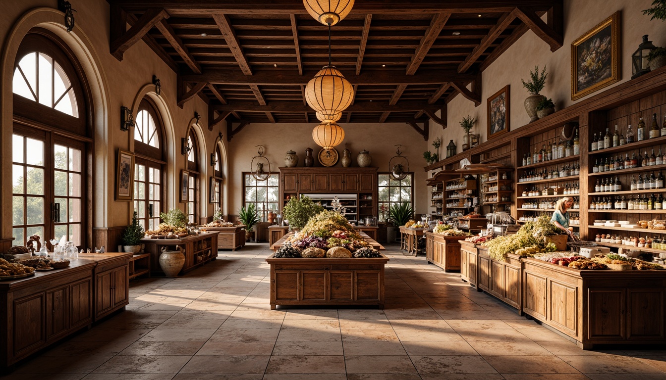 Prompt: Renaissance-inspired grocery store interior, ornate wooden accents, distressed stone floors, terracotta tiles, warm earthy tones, decorative archways, grand chandeliers, rich wood paneling, vintage metal lanterns, soft warm lighting, atmospheric shadows, 1/2 composition, intimate close-up shots, realistic textures, ambient occlusion.