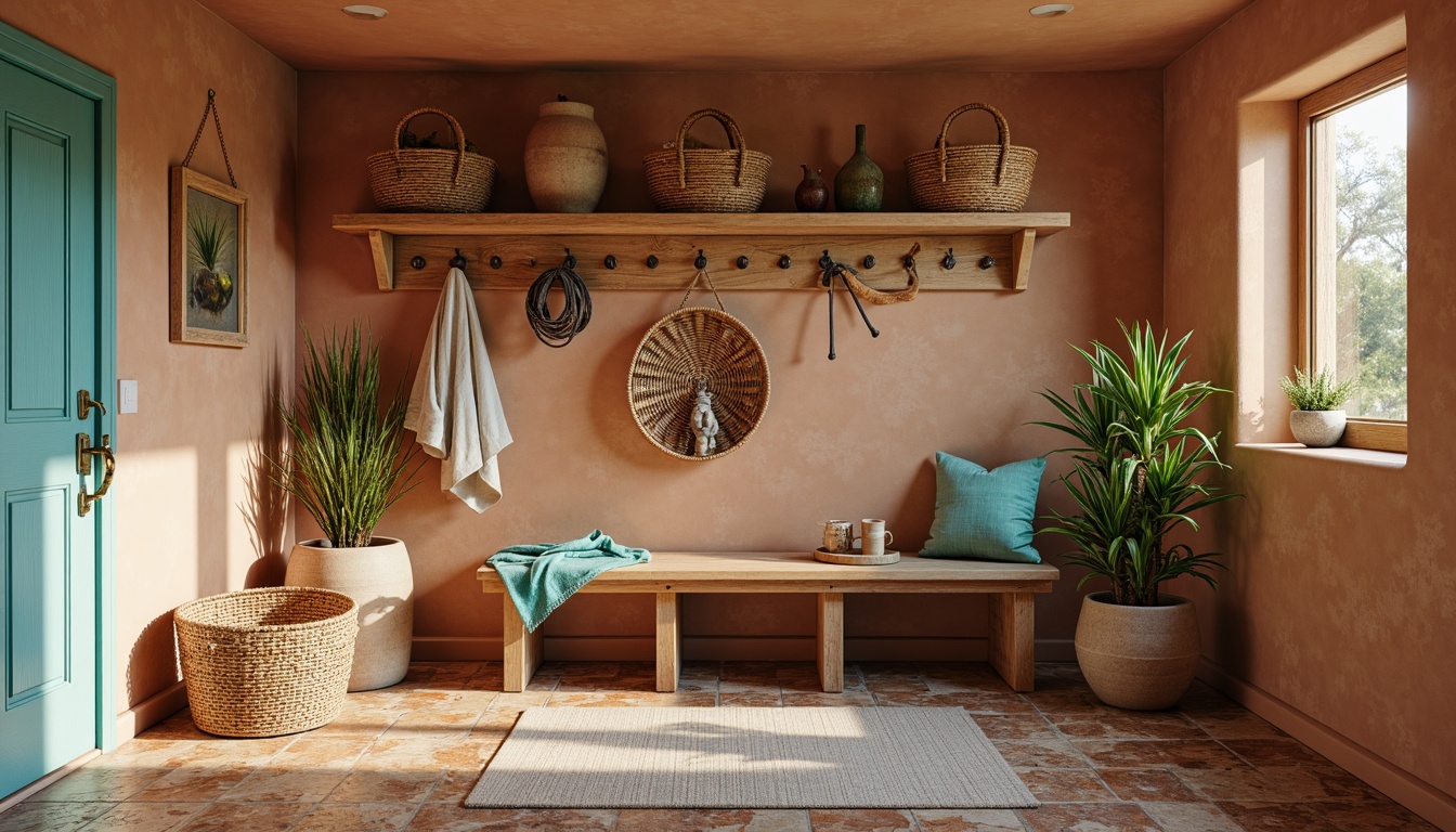 Prompt: Southwestern mudroom, earthy tone walls, woven baskets, rustic wooden bench, vibrant turquoise accents, natural fiber rugs, woven textiles, desert-inspired patterns, geometric tile floors, reclaimed wood shelves, distressed metal hooks, warm LED lighting, shallow depth of field, 3/4 composition, realistic textures, ambient occlusion.