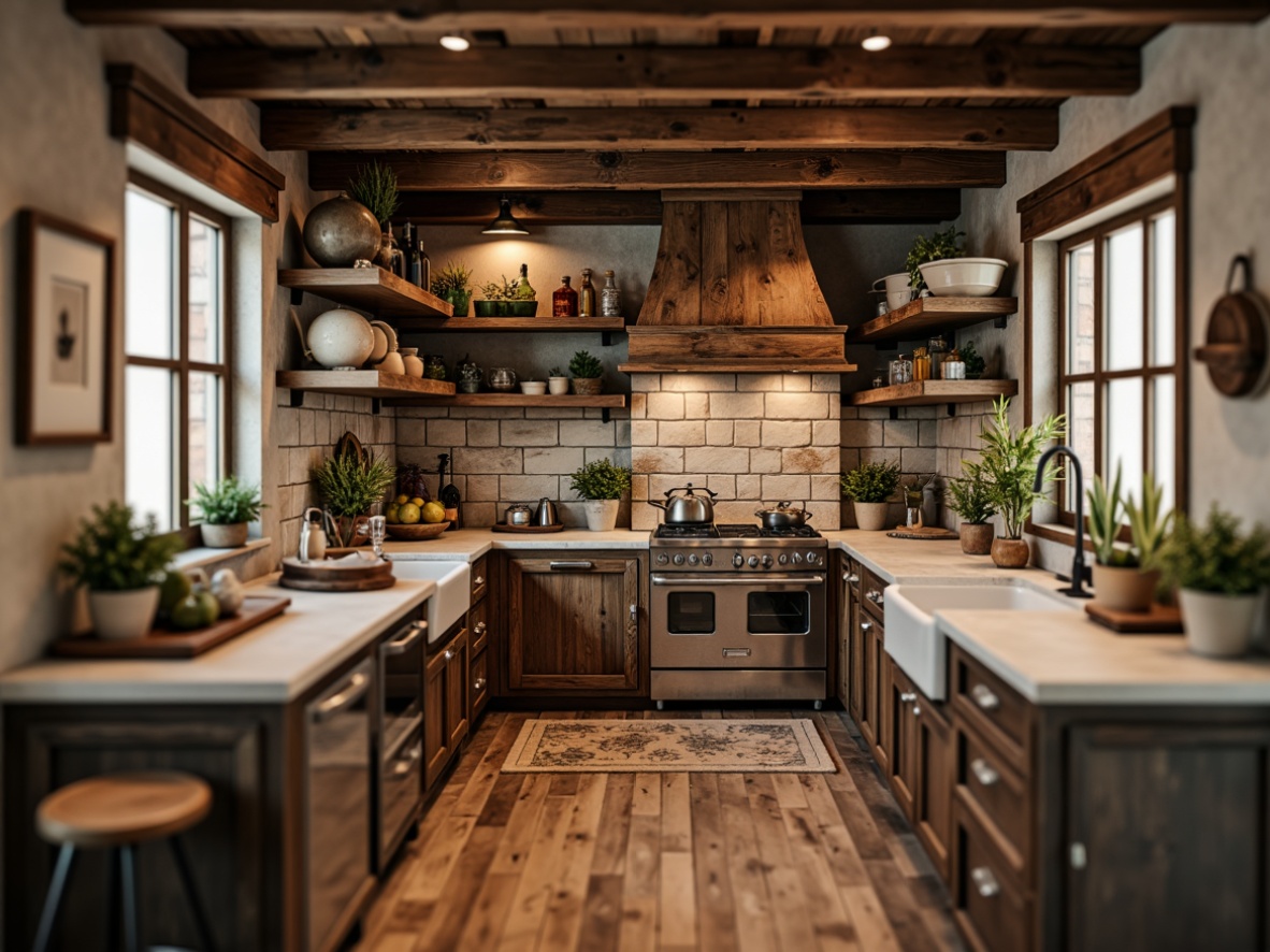 Prompt: Rustic vernacular kitchen, reclaimed wood cabinets, earthy tones, natural stone countertops, brick backsplash, distressed finishes, vintage appliances, farmhouse sink, wooden beams, pendant lighting, cozy atmosphere, warm ambient light, shallow depth of field, 1/2 composition, realistic textures, soft focus blur.