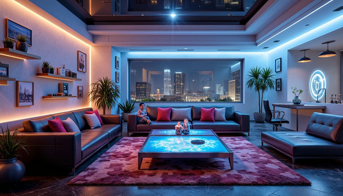 Prompt: Futuristic living room, sleek low-profile sofas, metallic accent chairs, minimalist coffee tables, holographic displays, levitating shelves, neon-lit bar counters, angular glass-top desks, cyberpunk-inspired rugs, iridescent throw pillows, chromed steel legs, ambient LED lighting, 3D-printed decorative walls, virtual reality entertainment systems, zero-gravity lounging areas, retro-futuristic clock radios, space-age-inspired planters, high-gloss flooring, cinematic wide-angle views, shallow depth of field, futuristic cityscape backdrops.