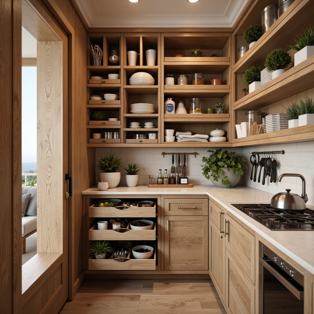 Prompt: Compact pantry shelves, adjustable storage units, pull-out baskets, stackable containers, labeled spice racks, retractable utensil holders, built-in knife blocks, slide-out trash cans, wall-mounted pot lids, hanging cookware organizers, natural wood finishes, sleek metal handles, soft-close drawers, ample vertical storage, corner carousel systems, 1/1 composition, warm ambient lighting, shallow depth of field.