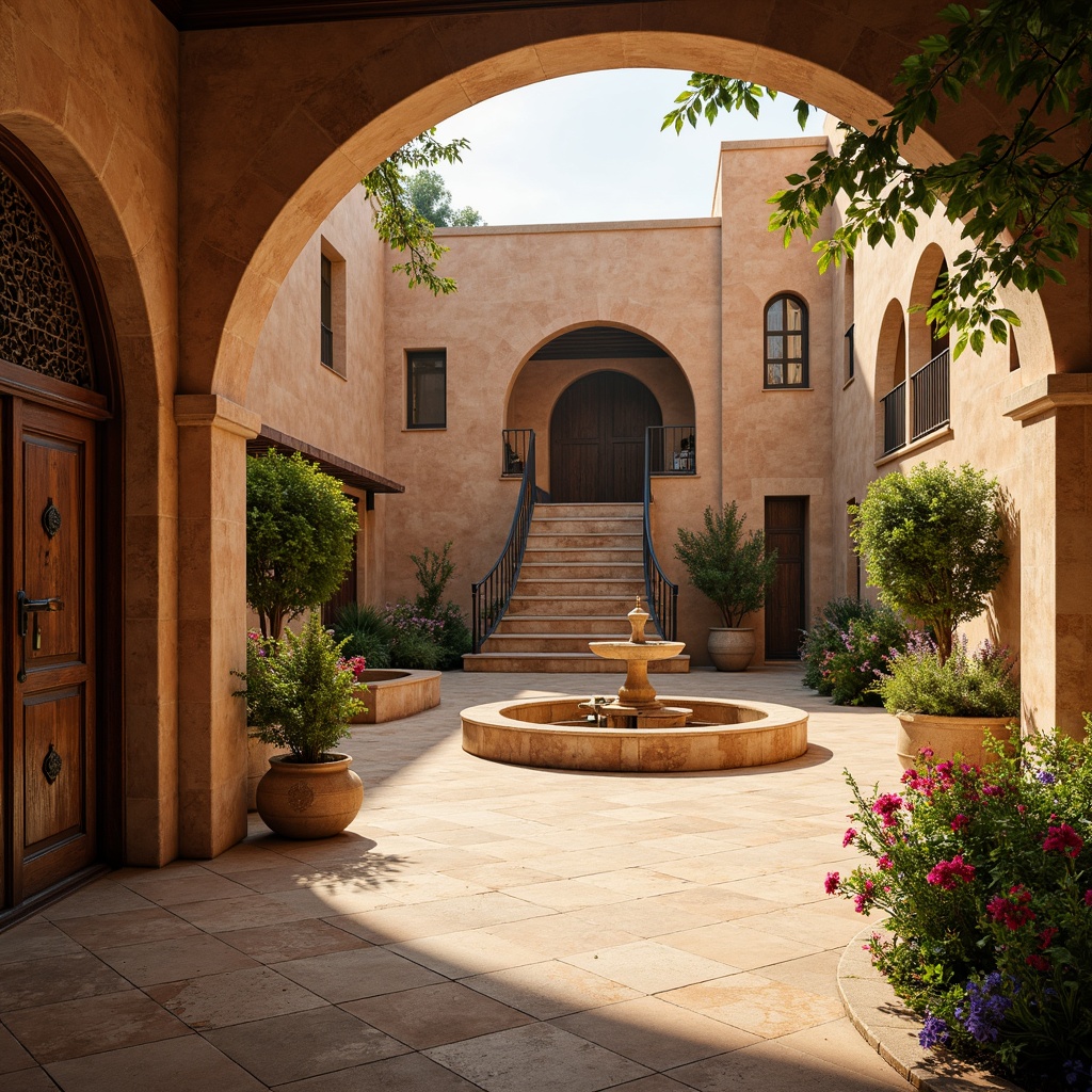 Prompt: Warm sandy courtyard, rustic stone flooring, curved archways, ornate fountain, lush greenery, vibrant flowers, intricately carved wooden doors, distressed metal lanterns, glazed ceramic tiles, rough-hewn stone walls, barrel-vaulted ceilings, grand staircase, wrought iron railings, colorful Moroccan-inspired textiles, warm golden lighting, shallow depth of field, 1/2 composition, realistic textures, ambient occlusion.