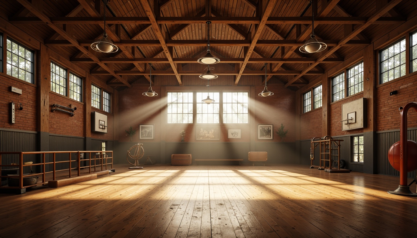 Prompt: Warm gymnasium interior, wooden flooring, rustic brick walls, vintage sports equipment, suspended lanterns, soft warm lighting, cozy atmosphere, high ceilings, large windows, natural daylight, ambient shadows, realistic textures, atmospheric fog, dramatic spotlighting, 1/2 composition, shallow depth of field, nostalgic color palette.